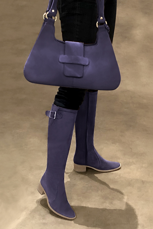 Lavender purple women's knee-high boots with buckles. Round toe. Low leather soles. Made to measure. Worn view - Florence KOOIJMAN